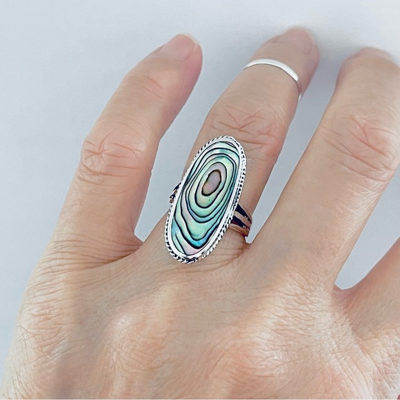Sterling Silver Statement Abalone Ring, Silver Ring, Seashell Stone, Ocean Shell - Picture 7 of 12